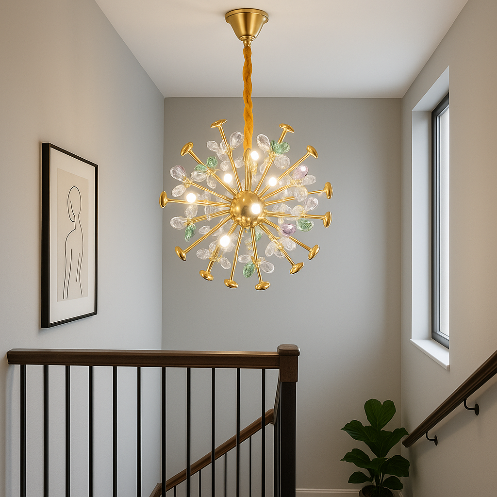 Candelabru rotund auriu cu cristale colorate in casa scarii, 24 becuri G4, lumina spectaculoasa, Ø500 mm