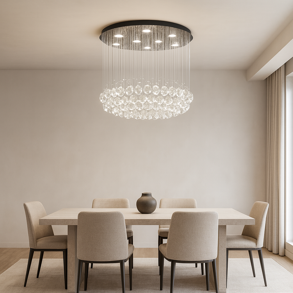 Candelabru LED 4000K cu cristale in dining modern, 45W, iluminare uniforma peste masa, efect vizual elegant