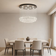 Candelabru LED 4000K cu cristale in dining modern, 45W, iluminare uniforma peste masa, efect vizual elegant