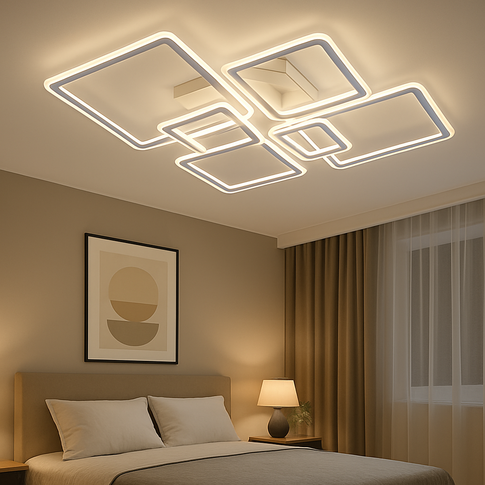 Lustra LED patrata 168W alba cu lumina ajustabila 3000K-6500K si telecomanda, ideala pentru dormitoare moderne cu iluminare uniforma si confortabila