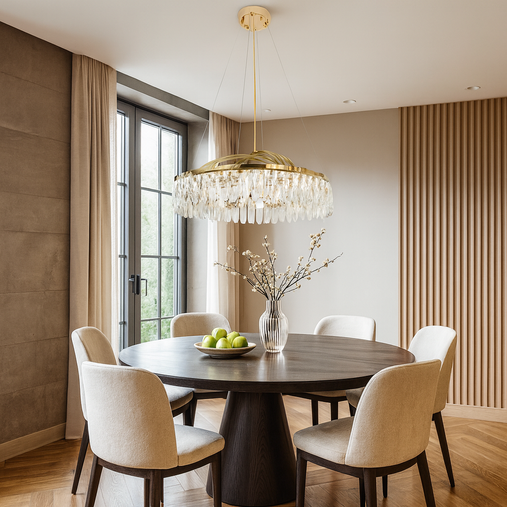 Candelabru rotund bronz cu cristale si LED integrat, iluminare premium peste masa dreptunghiulara din dining