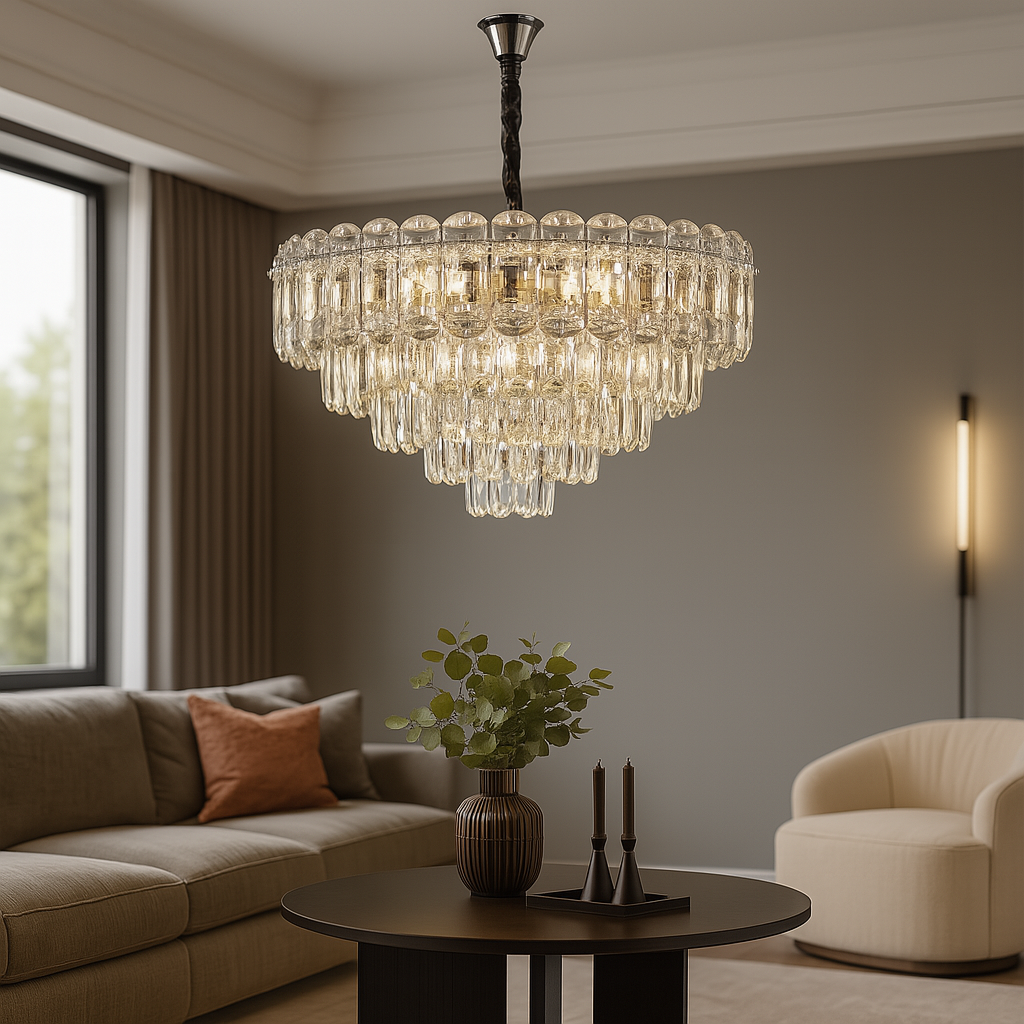 Candelabru rotund auriu cu 10 becuri E27, montat in living spatios modern, iluminare decorativa puternica si uniforma.