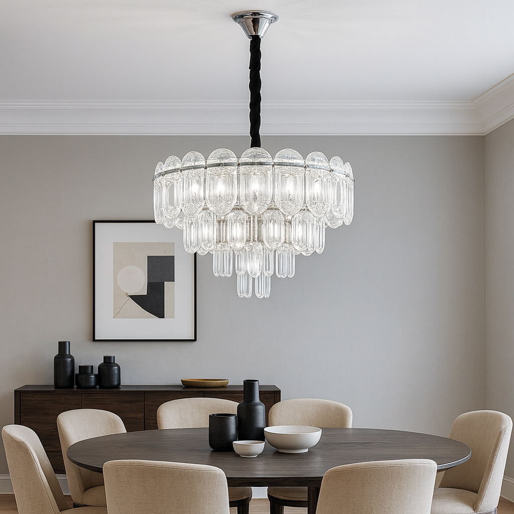 Candelabru rotund auriu cu 5 becuri E27, montat deasupra mesei din dining, lumina personalizabila si eleganta.
