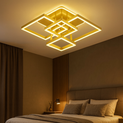 Lustra LED dreptunghiulara 198W cu lumina reglabila 3000K-6500K, montata in dormitor modern.