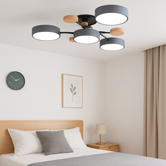 Lustra LED rotunda gri lemn 71276/3+1 pentru dormitor modern, 120W, lumina rece-calda si telecomanda