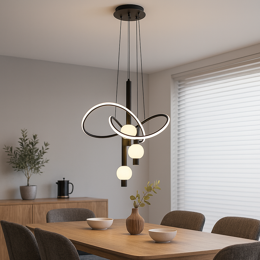 Lustra LED 132W negru mat cu telecomanda, iluminare reglabila perfect adaptata pentru mese si zone de dining moderne