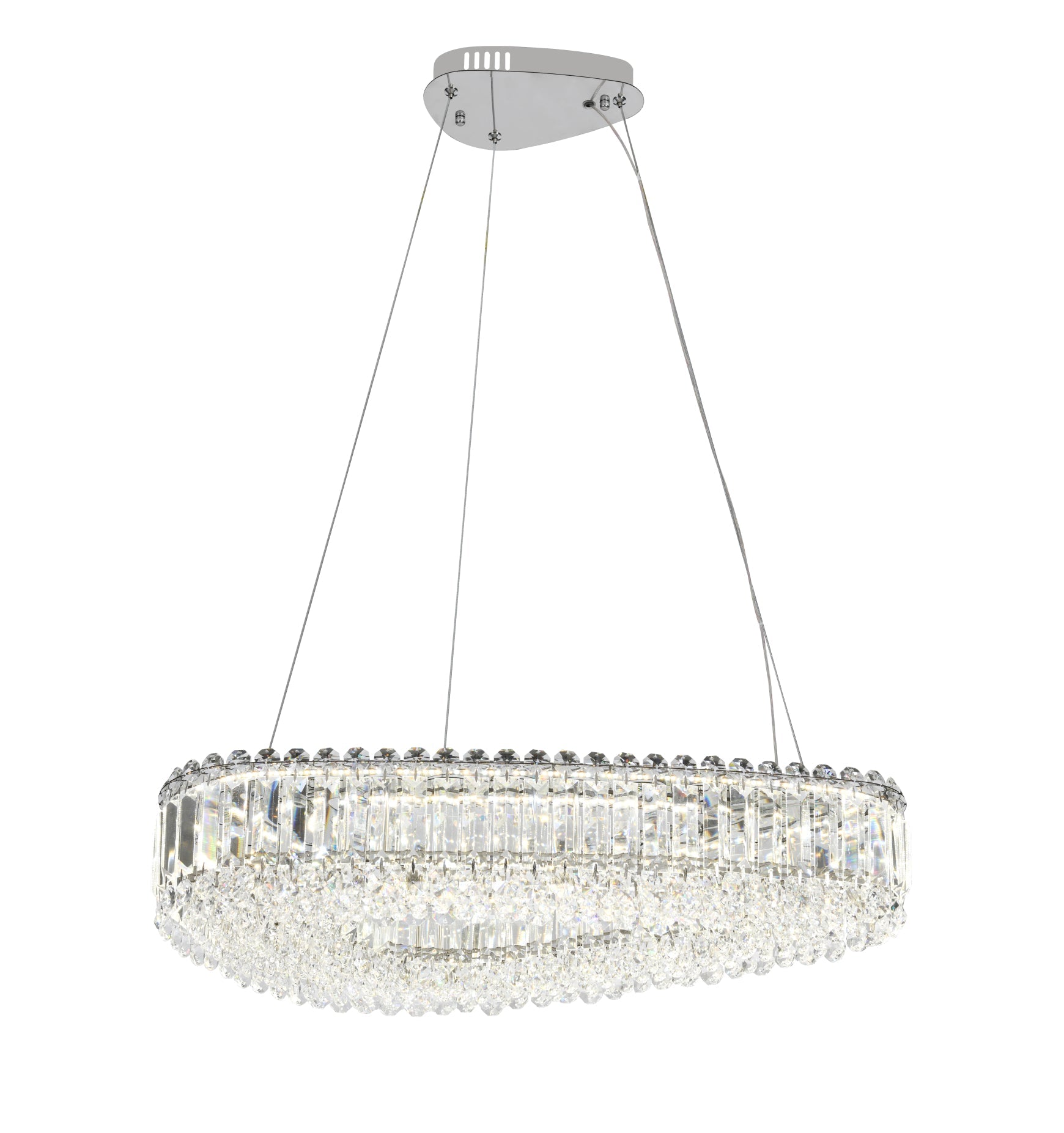 Candelabru LED dreptunghiular crom 650×400 mm, montat in living modern, iluminare LED puternica 96W, design contemporan elegant