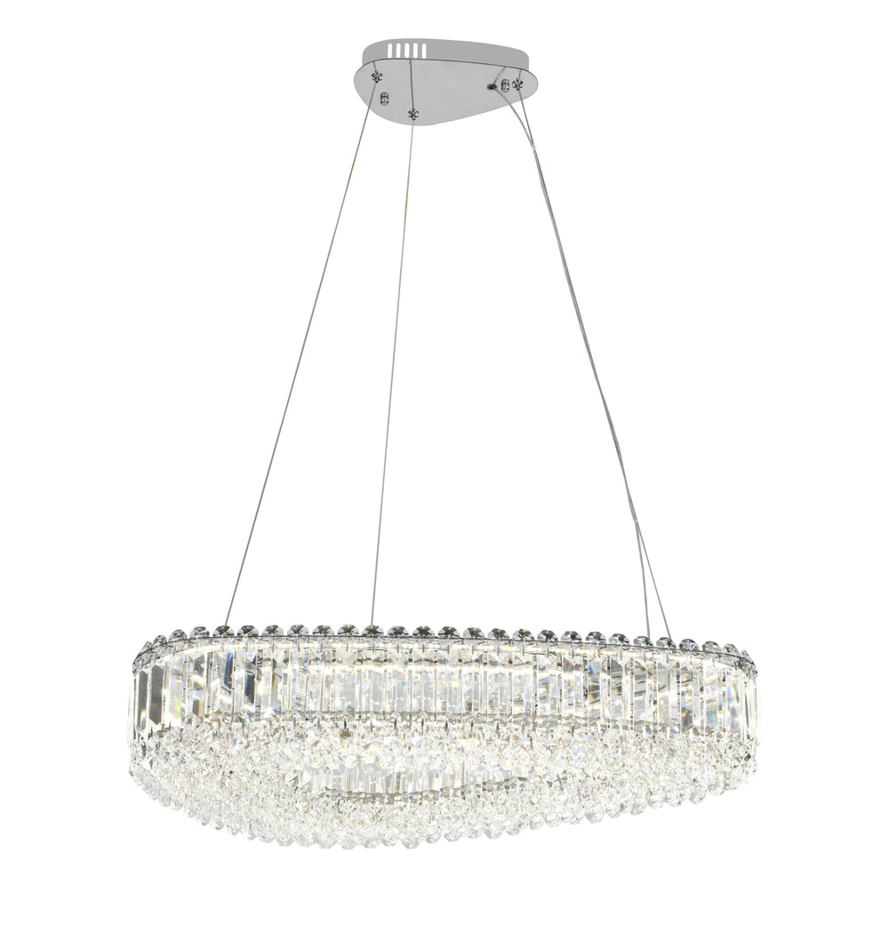 Candelabru LED dreptunghiular crom 650×400 mm, montat in living modern, iluminare LED puternica 96W, design contemporan elegant