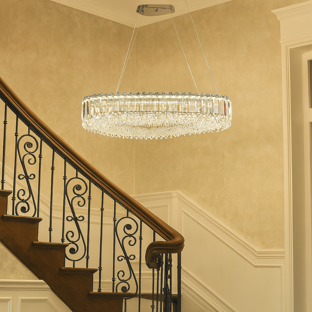 Candelabru LED dreptunghiular crom 650×400 mm, montat in casa scarii moderna, iluminare LED puternica 96W, design contemporan elegant