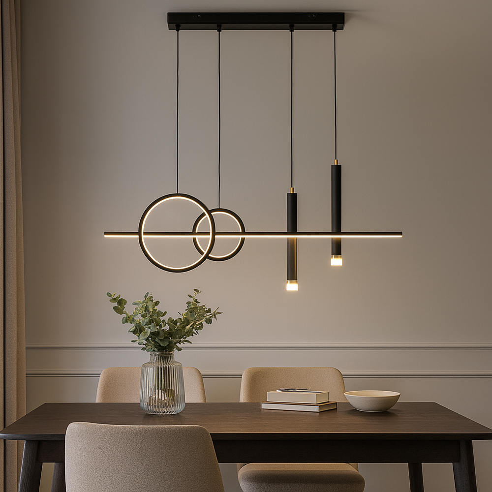 Lustra LED 104W metal brushed cu telecomanda, lumina reglabila perfect potrivita pentru zone de dining moderne si elegante