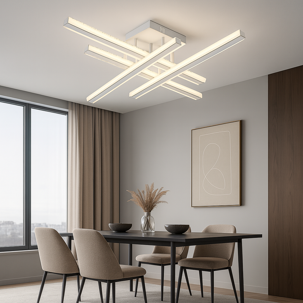 Plafoniera LED patrata 136W cu efect 3D si lumina reglabila 3000K-6500K cu telecomanda, perfecta pentru un dining modern cu iluminare eleganta si versatila