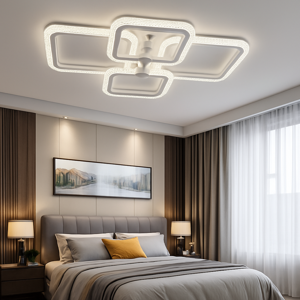 Lustra LED moderna 120W alba cu lumina ajustabila 3000K-6500K si telecomanda, ideala pentru dormitoare moderne cu iluminare confortabila si uniforma