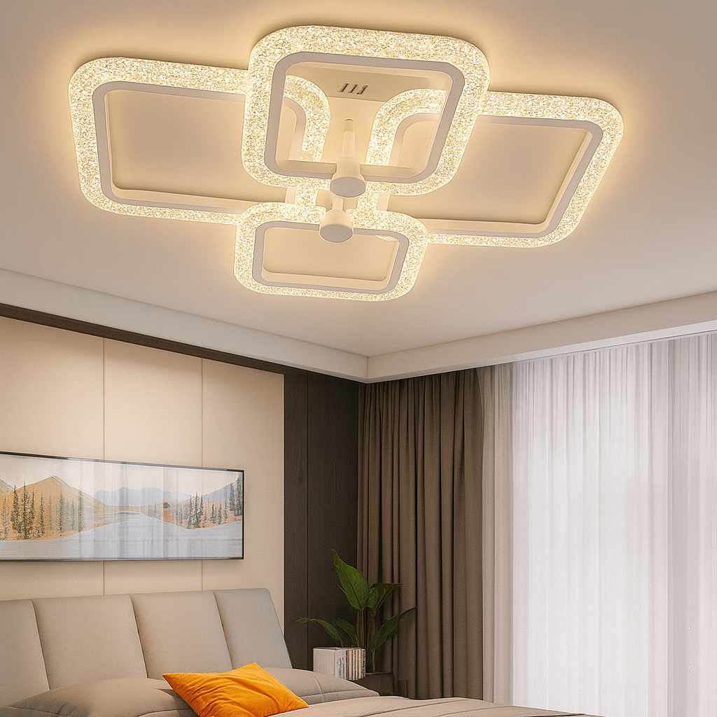 Lustra LED moderna 120W alba cu lumina ajustabila 3000K-6500K si telecomanda, ideala pentru dormitoare moderne cu iluminare confortabila si uniforma