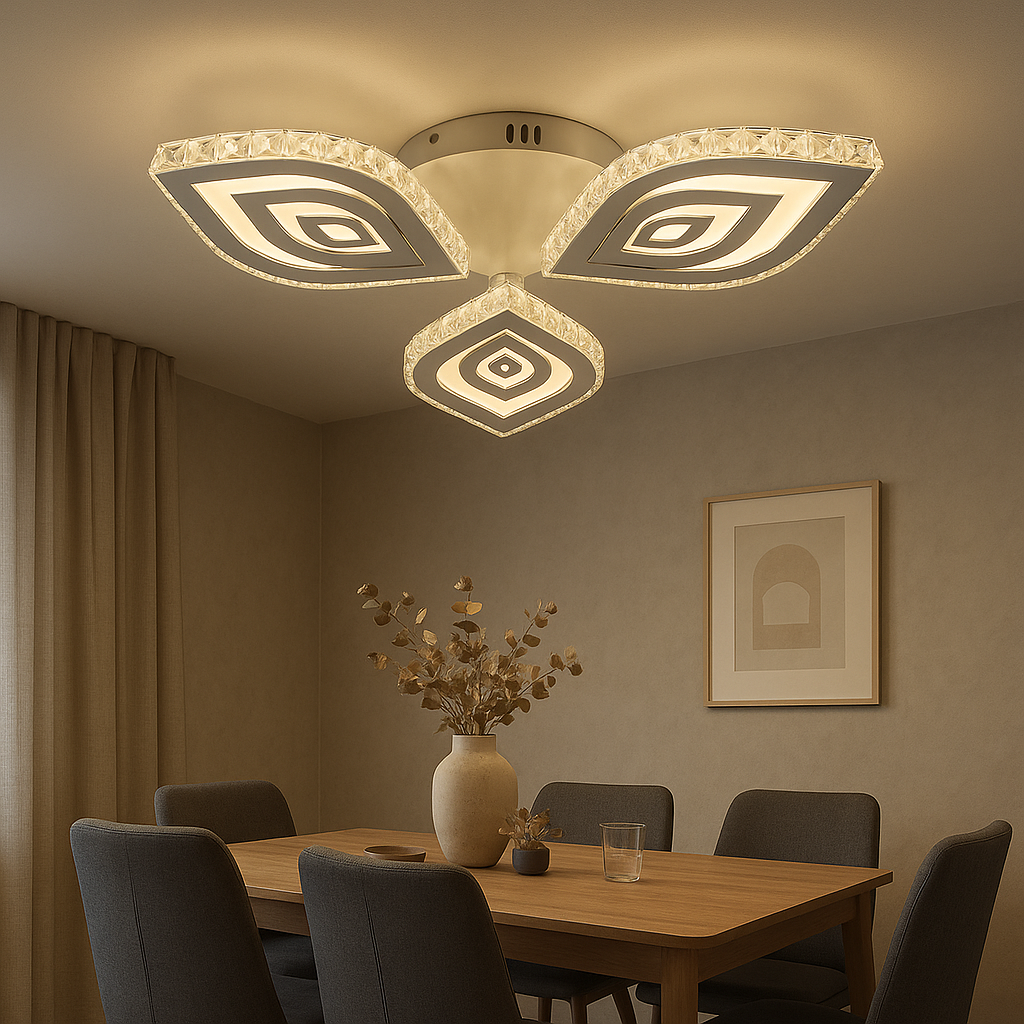 Lustra LED rotunda 84W cu margini cristaline si lumina reglabila 3000K-6500K, perfecta pentru un dining modern cu iluminare eleganta si versatila