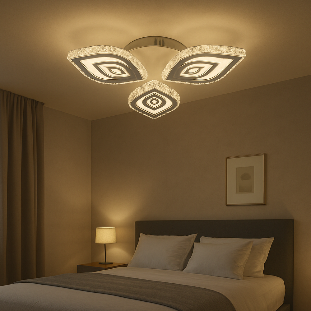 Lustra LED rotunda 84W cu efect cristalin si lumina ajustabila 3000K-6500K cu telecomanda, ideala pentru dormitoare moderne cu iluminare confortabila