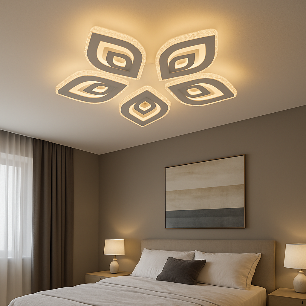 Lustra LED rotunda 170W cu margini transparente si lumina ajustabila 3000K-6500K cu telecomanda, ideala pentru dormitoare moderne cu iluminare confortabila