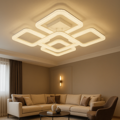 Lustra LED circulara 160W cu lumina reglabila 3000K-6500K si telecomanda, montata in living modern pentru iluminare puternica, uniforma si eleganta