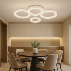 Lustra LED geometrica 104W cu accente transparente si lumina reglabila 3000K-6500K, perfecta pentru dining modern cu iluminare eleganta si atmosfera versatila