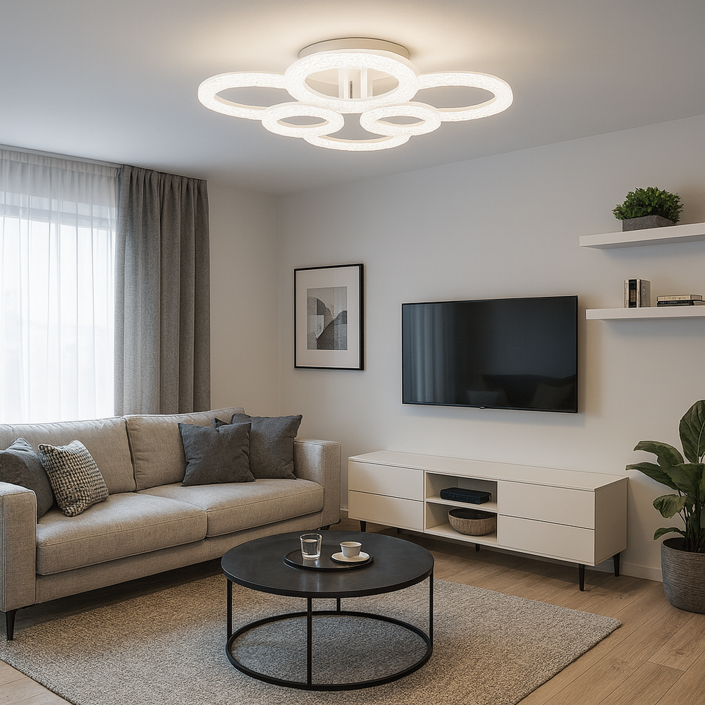 Lustra LED geometrica 168W cu accente transparente si lumina reglabila 3000K-6500K cu telecomanda, montata in living modern pentru iluminare puternica si eleganta