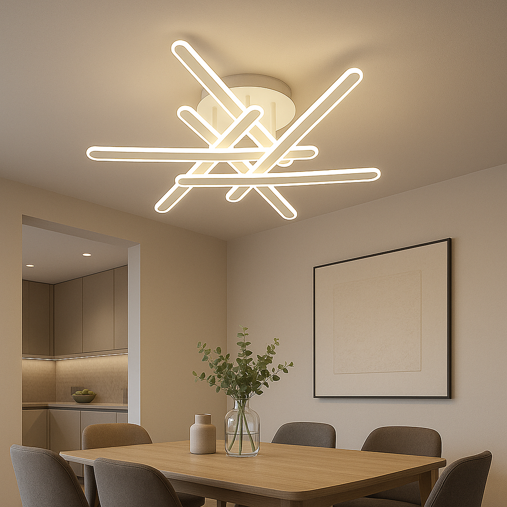 Lustra LED 73030/6WH+CR cu brate suprapuse si lumină reglabila 3000–6500K, montata deasupra zonei de dining, controlata cu telecomanda.
