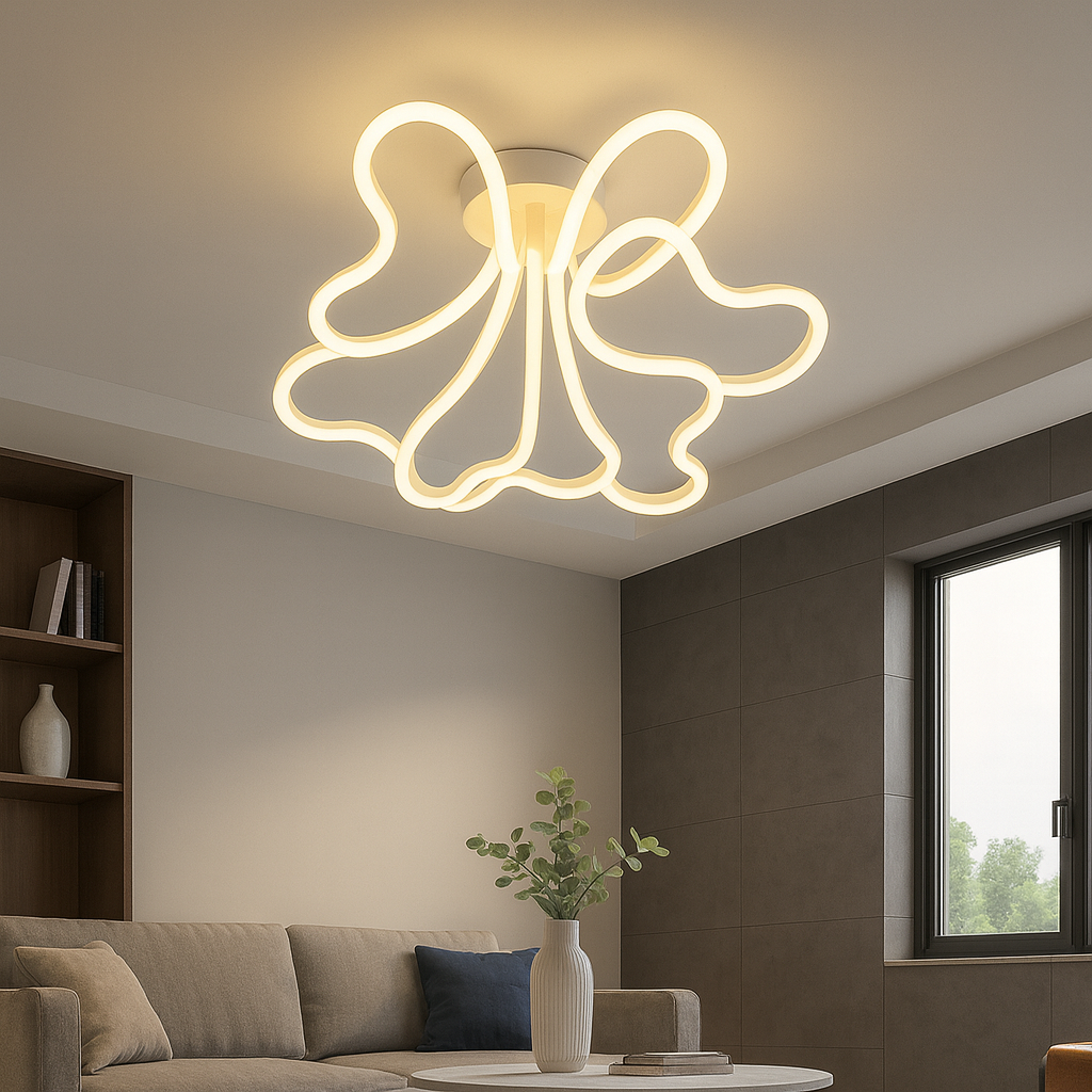 Lustra LED cu design floral ondulat, 240W si lumină reglabila, iluminand un living modern, controlata usor prin telecomanda.
