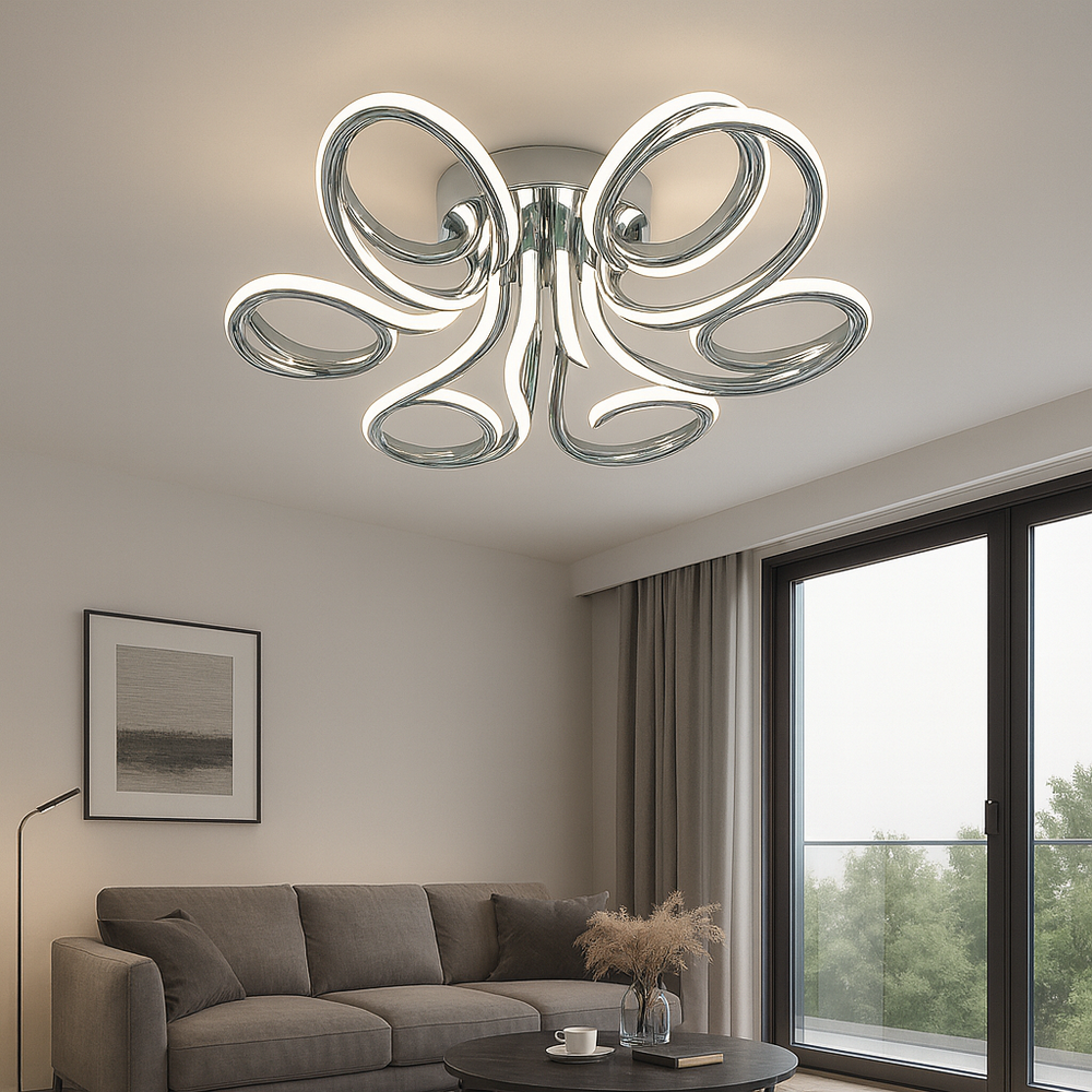 Lustra LED ondulata cromata, 288W si lumină reglabila, iluminand un living modern elegant, controlata usor prin telecomanda.
