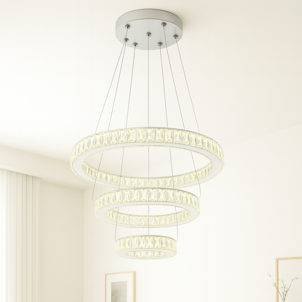 Lustra LED cristal trei cercuri crom Crystal Cascade 120W cu telecomanda, punct focal pentru living cu tavan inalt