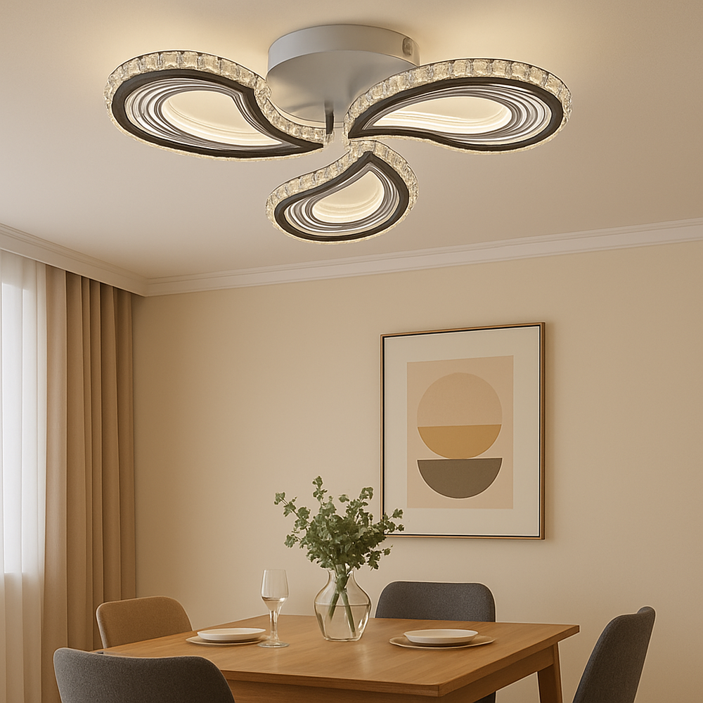 Lustra LED moderna 90W cu 3 brate si lumina reglabila 3000K-6500K cu telecomanda, perfecta pentru dining modern cu iluminare eleganta si versatila