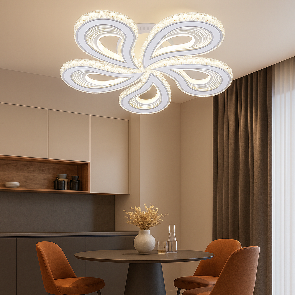 Lustra LED moderna 150W cu 5 brate si lumina reglabila 3000K-6500K cu telecomanda, perfecta pentru dining modern cu iluminare eleganta si versatila