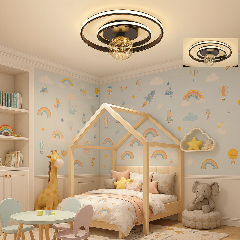 Lustra LED circulara 96W cu lumina ajustabila 3000K-6500K si telecomanda, ideala pentru dormitoare moderne cu iluminare confortabila si relaxanta