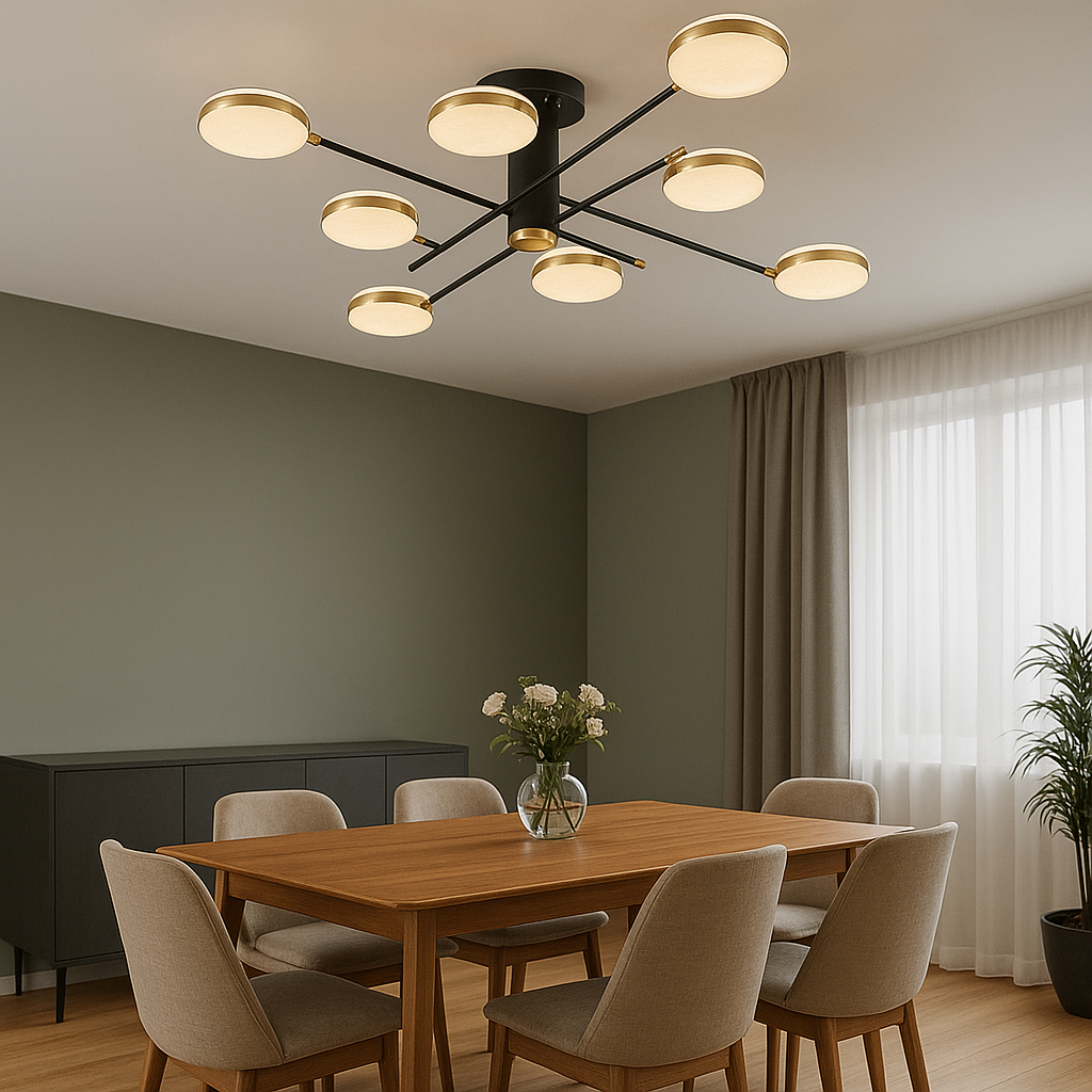 Lustra LED moderna 154W cu 8 brate si lumina reglabila 3000K-6500K cu telecomanda, perfecta pentru dining modern cu iluminare eleganta si atmosfera adaptabila