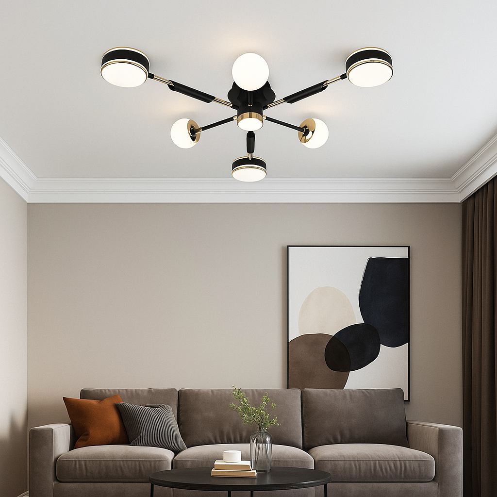 Lustra LED 77108/3+3+1 negru auriu cu telecomanda, montata in living modern, iluminare reglabila 82W pentru ambient elegant