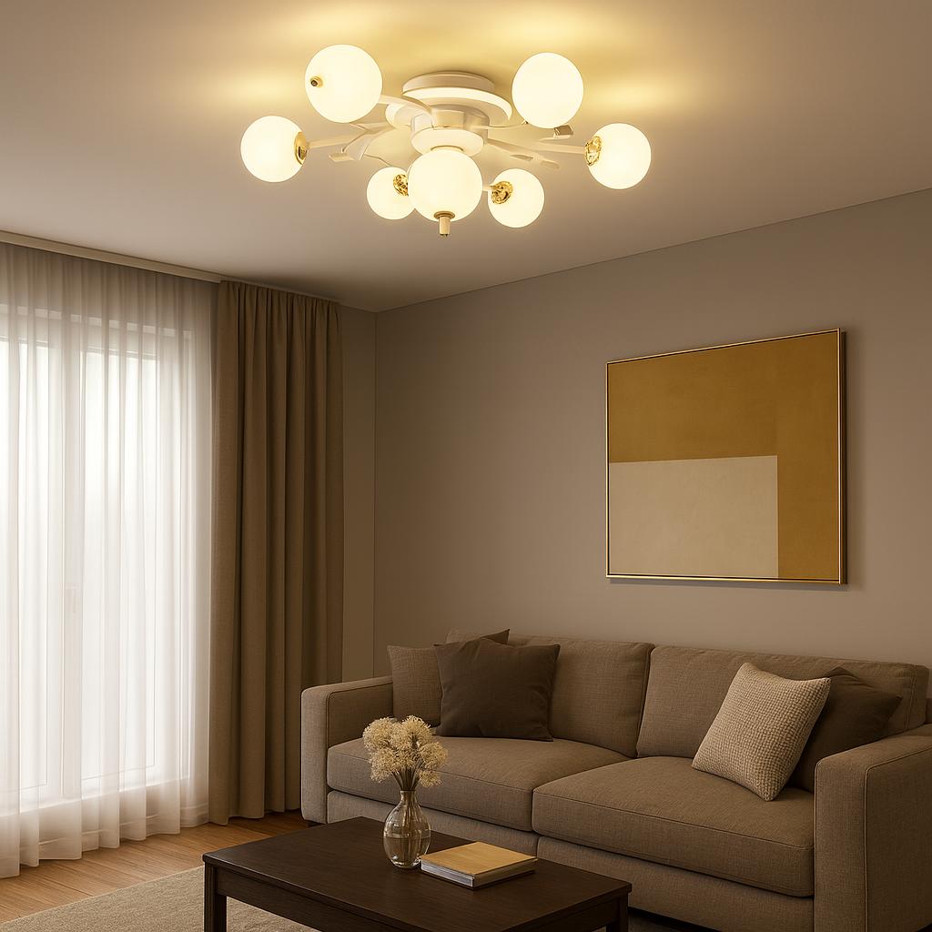 Lustra LED 77130/5+1 moderna cu 3 lumini, montata in living modern, iluminare uniforma 96W pentru ambient minimalist