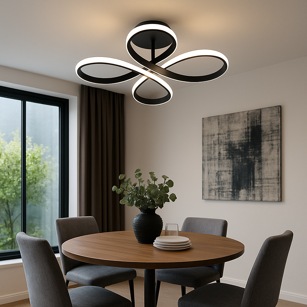 Lustra LED patrata 77248/1A1 MB cu lumină reglabila 3000–6500K si telecomanda, amplasata deasupra mesei de dining moderne pentru iluminare eficienta.
