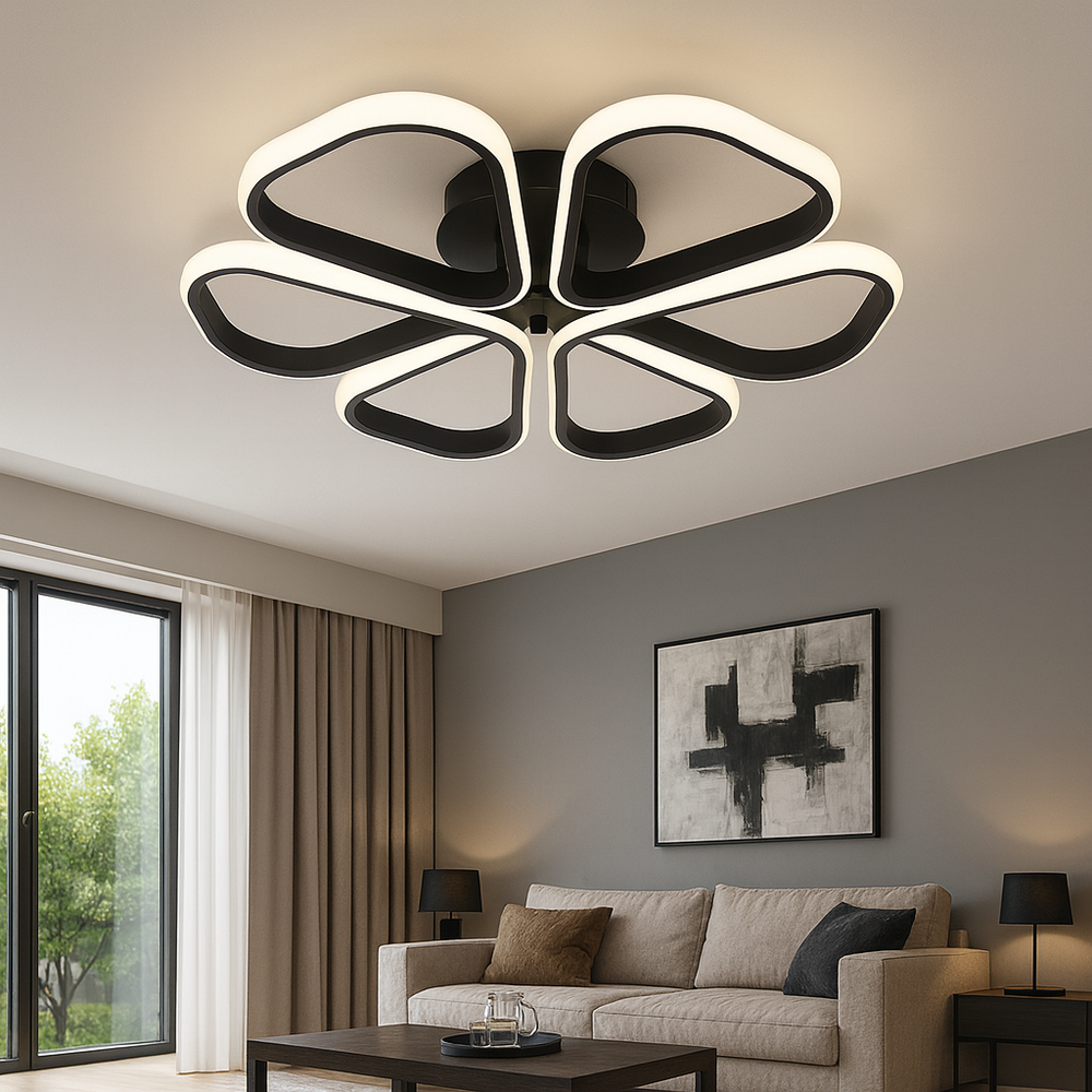Lustra LED rotunda 77250/1 MB negru mat cu lumina reglabila si telecomanda, iluminand un living modern elegant.
