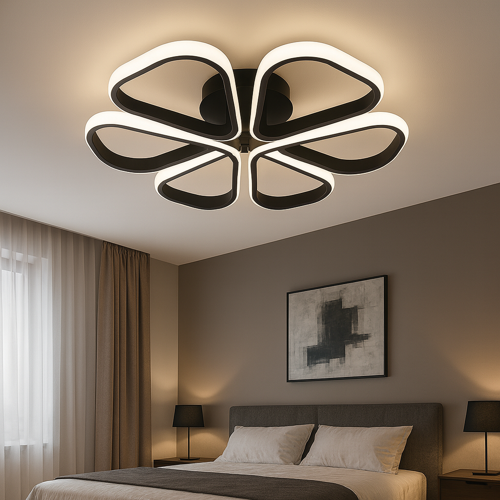 Lustra LED 77250/1 MB rotunda negru mat cu lumina ajustabila si telecomanda, instalata intr-un dormitor calm si modern.
