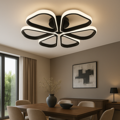 Lustra LED rotunda 77250/1 MB cu lumina reglabila 3000–6500K si telecomanda, amplasata deasupra zonei moderne de dining.
