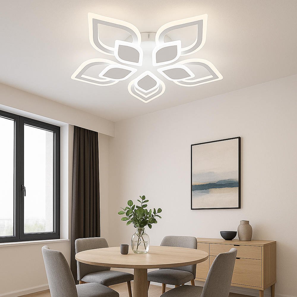 Lustra LED moderna 80W cu 5 cercuri si lumina reglabila 3000K-6500K cu telecomanda, perfecta pentru dining modern cu iluminare eleganta si adaptabila