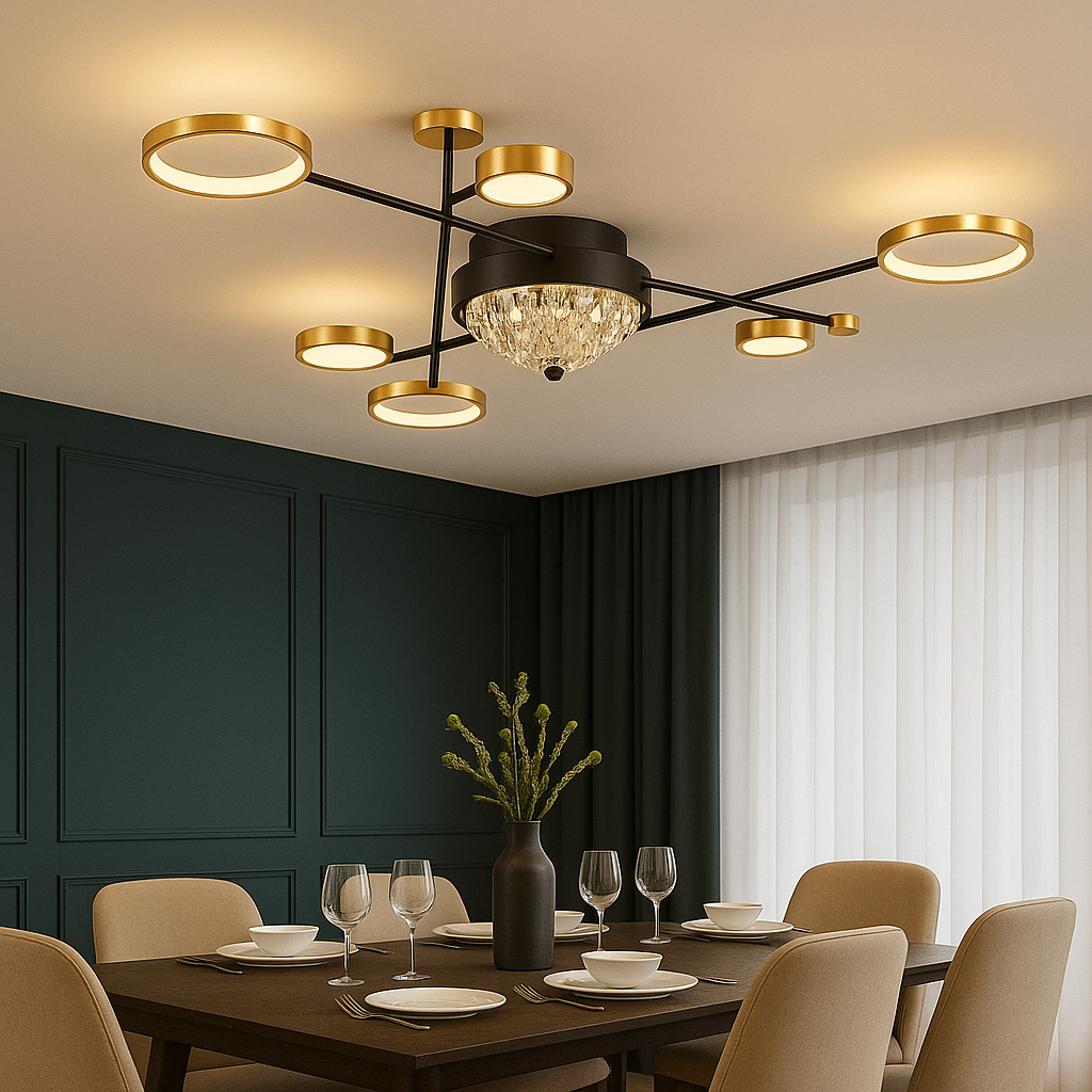 Lustra LED moderna 138W cu 7 brate si lumina reglabila 3000K-6500K cu telecomanda, perfecta pentru dining modern cu iluminare eleganta si atmosfera adaptabila