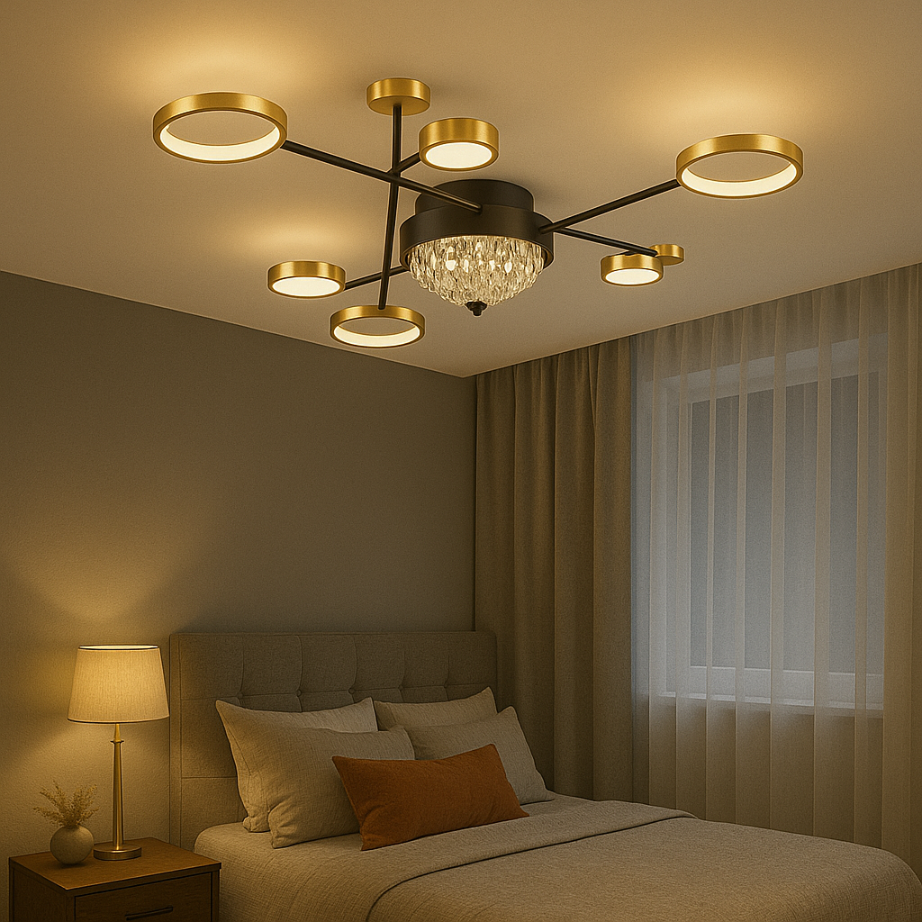 Lustra LED moderna 138W cu 7 brate si lumina ajustabila 3000K-6500K, ideala pentru dormitoare spatioase cu iluminare confortabila si moderna