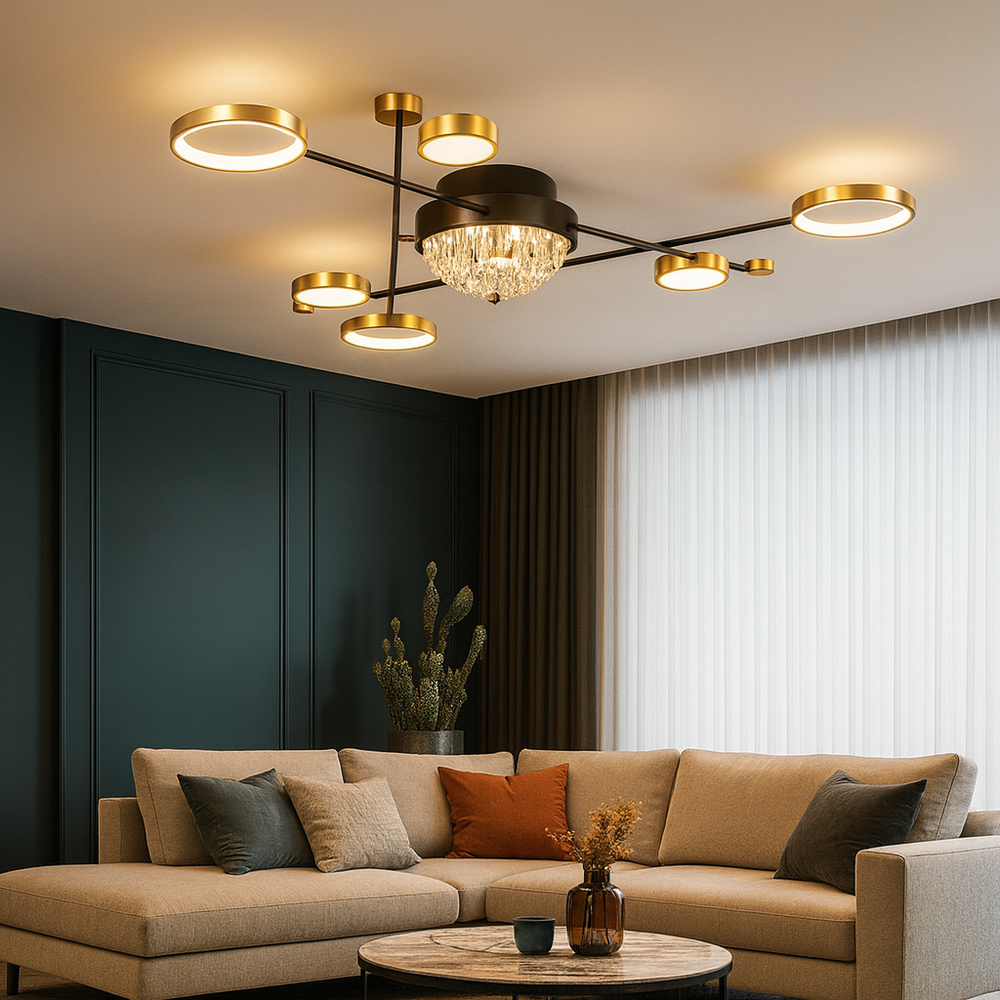 Lustra LED moderna 138W cu 7 brate si lumina reglabila 3000K-6500K cu telecomanda, montata in living mare pentru iluminare puternica, uniforma si eleganta