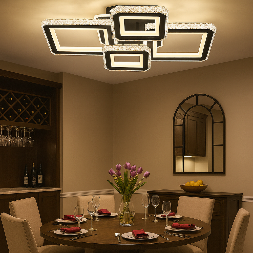 Lustra LED 170W cu 4 patrate suprapuse si lumina reglabila 3000K-6500K, potrivita pentru dining modern ce necesita iluminare eleganta si versatila