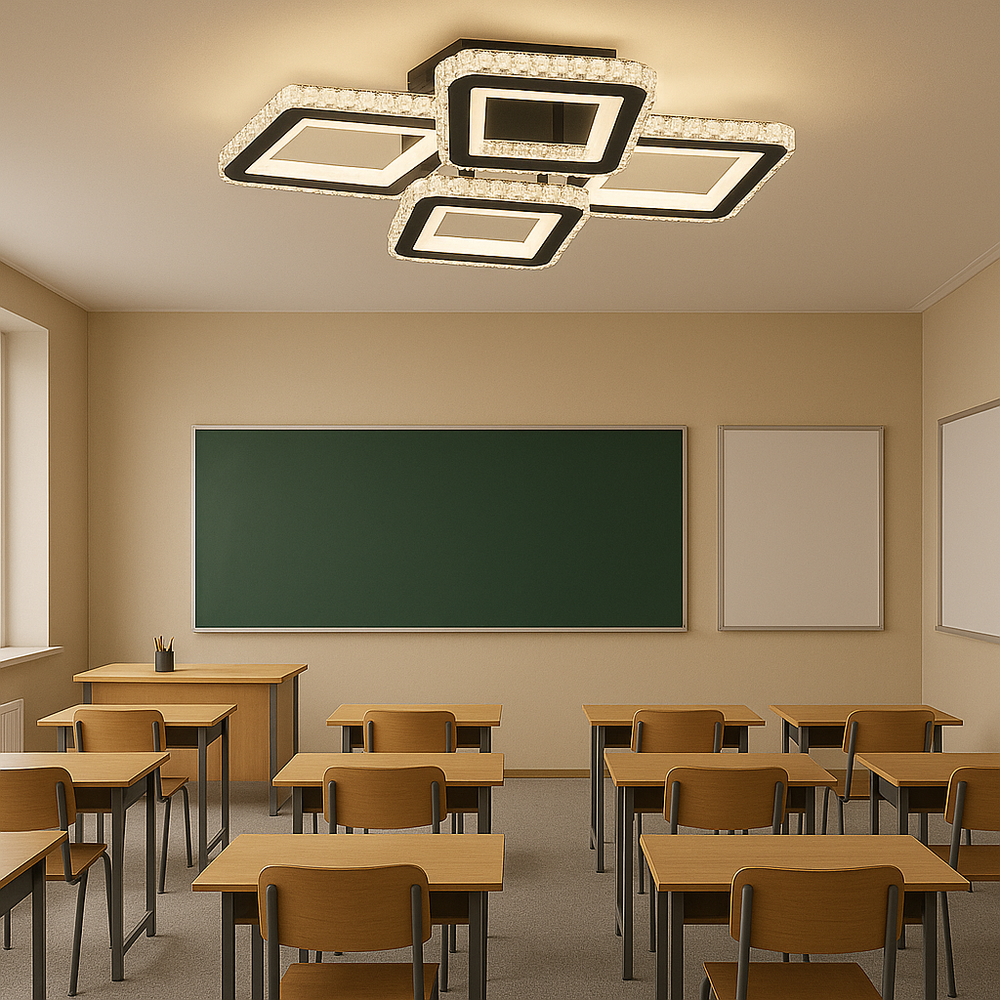 Lustra LED moderna 170W BK+CR cu 4 patrate si lumina ajustabila, perfecta pentru birou modern cu iluminare functionala si uniforma