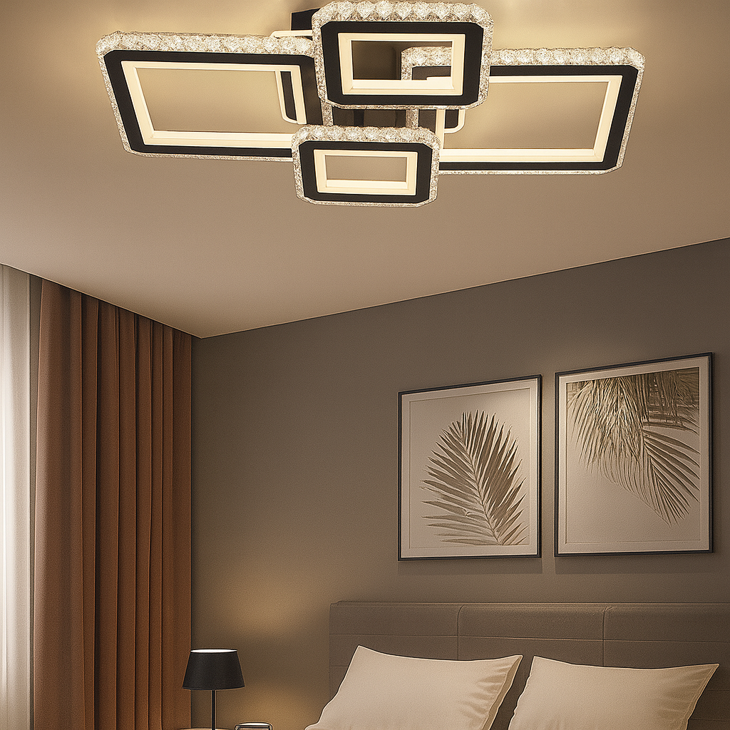 Lustra LED moderna 170W BK+CR cu 4 patrate si lumina reglabila 3000K-6500K, ideala pentru dormitor modern cu iluminare confortabila si stil contemporan