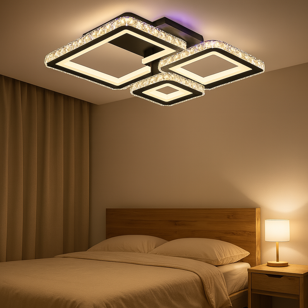Lustra LED 96W BK+CR cu design patrata modern si lumina reglabila 3000K-6500K, perfecta pentru dormitor modern cu iluminare confortabila