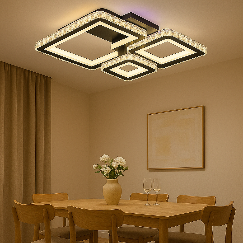 Lustra LED patrata 96W BK+CR cu lumina ajustabila 3000K-6500K si telecomanda, montata in dining modern pentru iluminare clara si eleganta