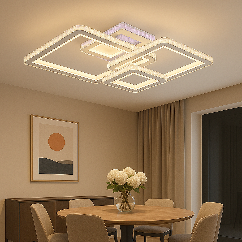 Lustra LED 134W cu 3 patrate compacte si lumina reglabila 3000K-6500K, ideala pentru zona de dining moderna ce necesita iluminare eleganta si eficienta