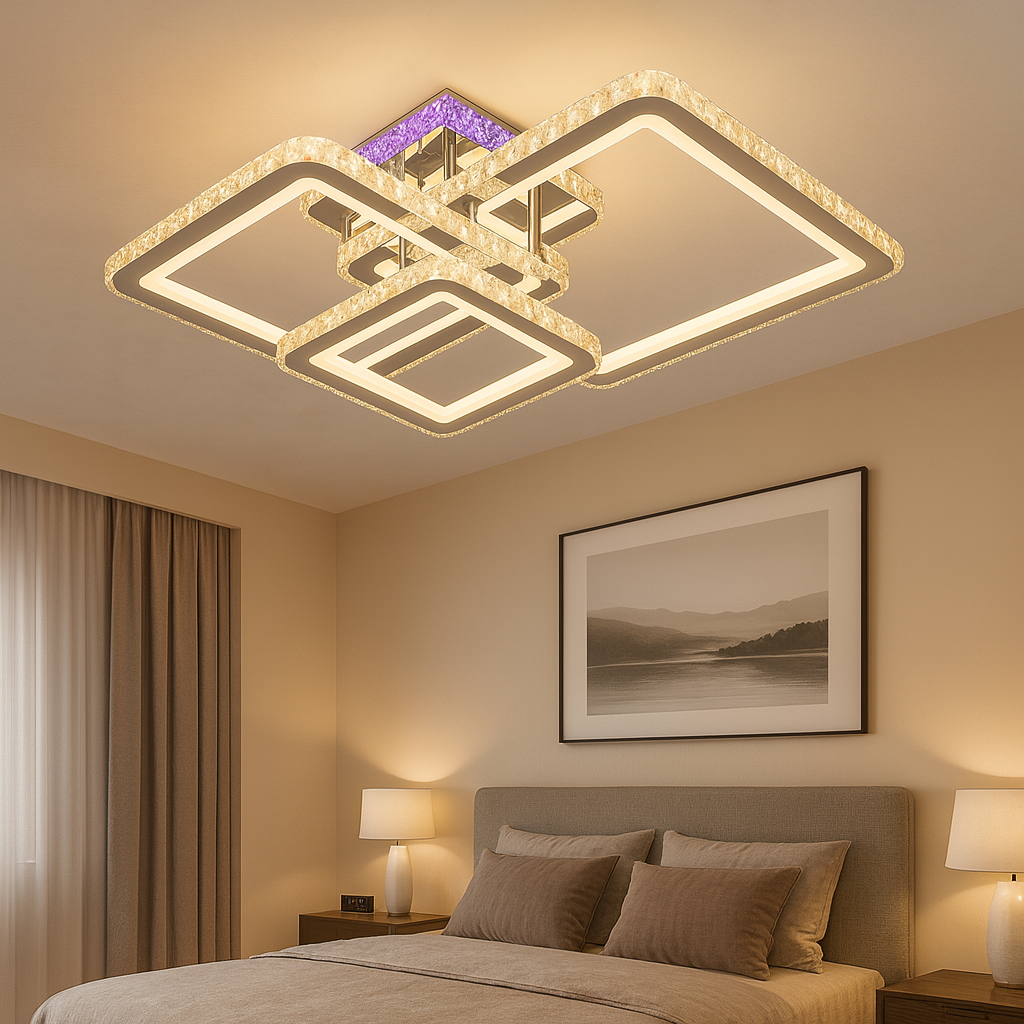 Lustra LED 190W CR cu design patrata modern si lumina ajustabila 3000K-6500K, potrivita pentru dormitor modern cu iluminare confortabila si clara