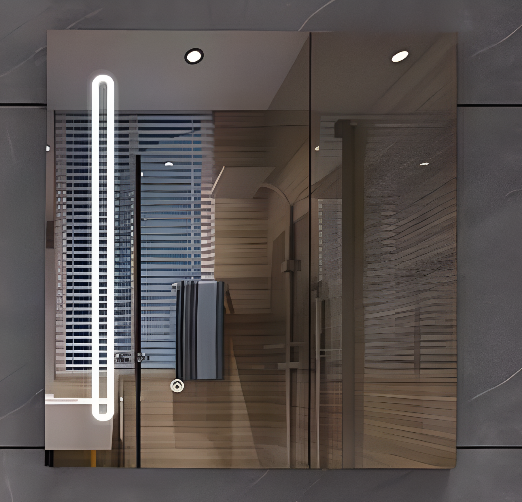 Dulap baie alb cu oglinda LED 80x70, functie de dezaburire si rafturi din sticla, ideal pentru organizare moderna.