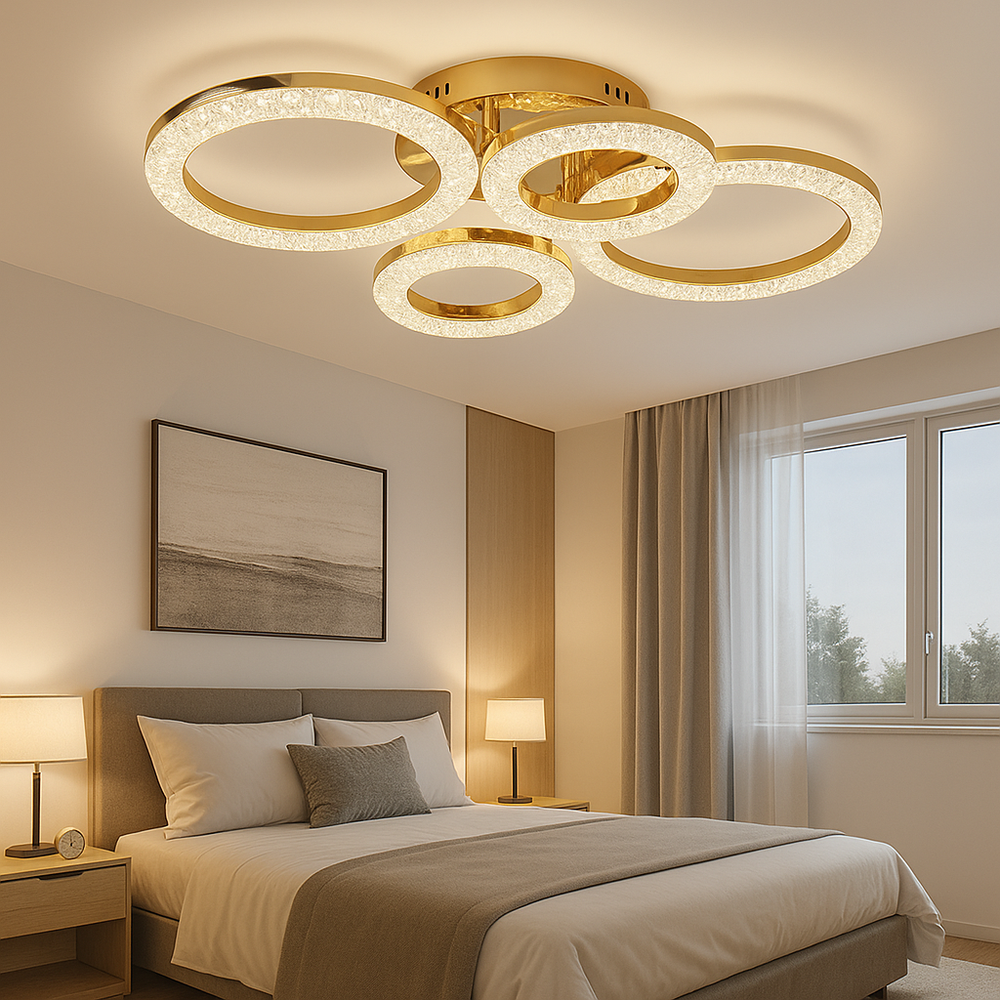 Lustra LED 120W rectangulara finisaj auriu cu lumina ajustabila 3300K-6500K, perfecta pentru dormitor modern cu iluminare confortabila